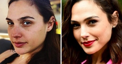 A picture of Gal Gadot before (left) and after (right).